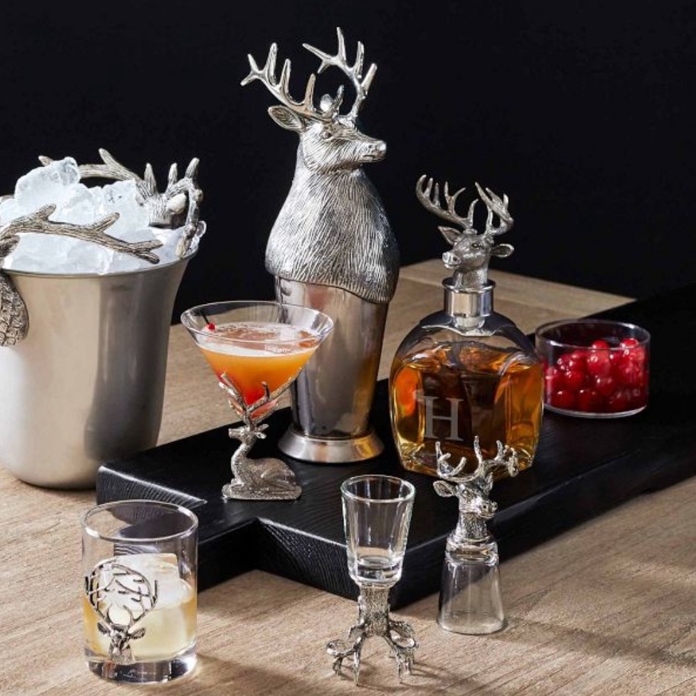 Pottery Barn Woodland Stag Reindeer Bar Shot Glass Set/2 Sold Out New In Box 🦌